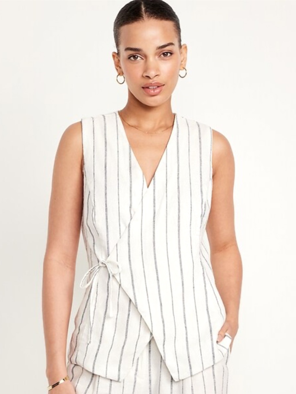 Linen Striped Sleeveless Wrap Top - Off-White with Black Stripes
